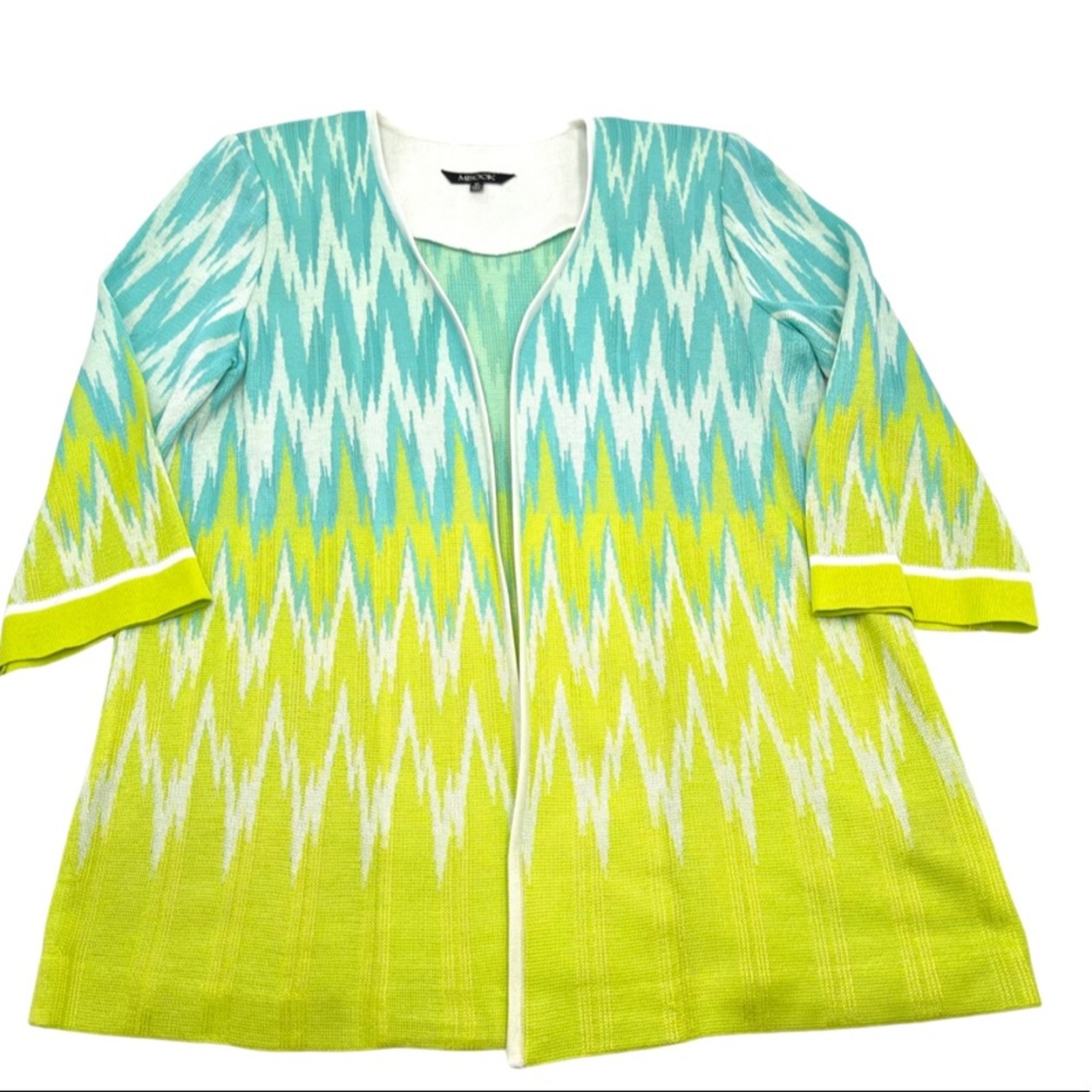 Misook Jacquard Knit Open Jacket 3/4 Sleeves Turquoise & Green Shoulder Pads Med